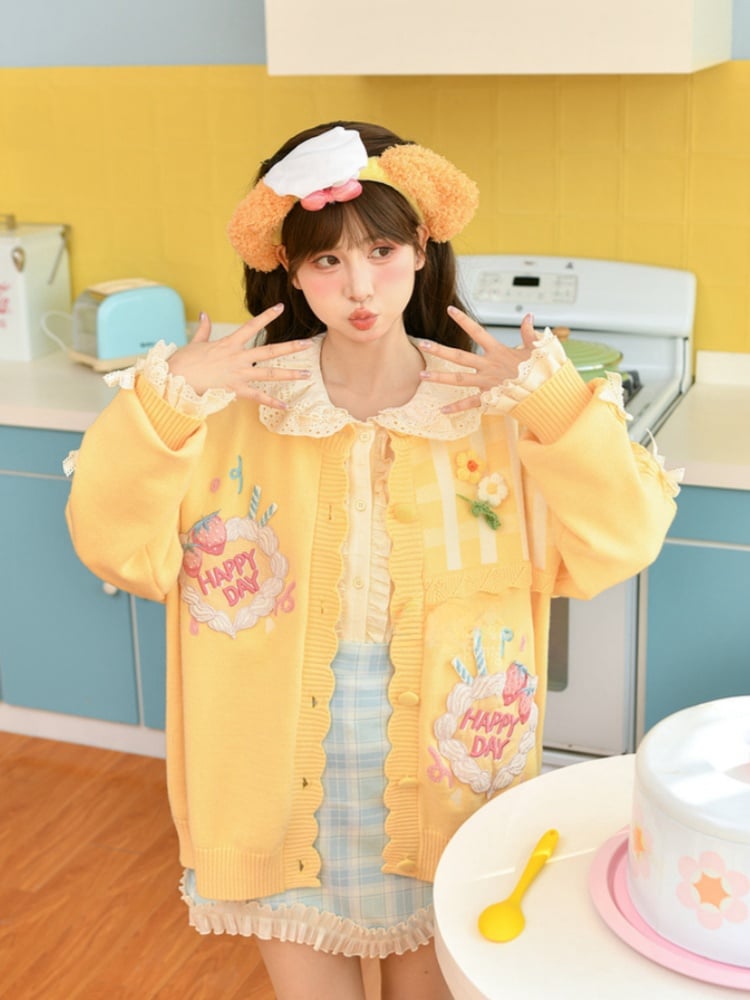 Kawaii Yellow Knitted Cardigan Floral Accents Creamy Yume Strawberry Cake Embroidered