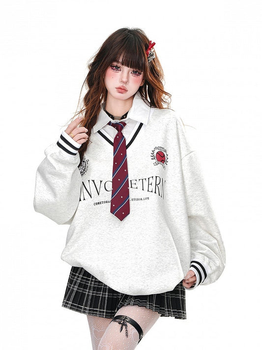 Gray Preppy Polo Collar Loose Sweatshirt with Tie Faux Two-pieces
