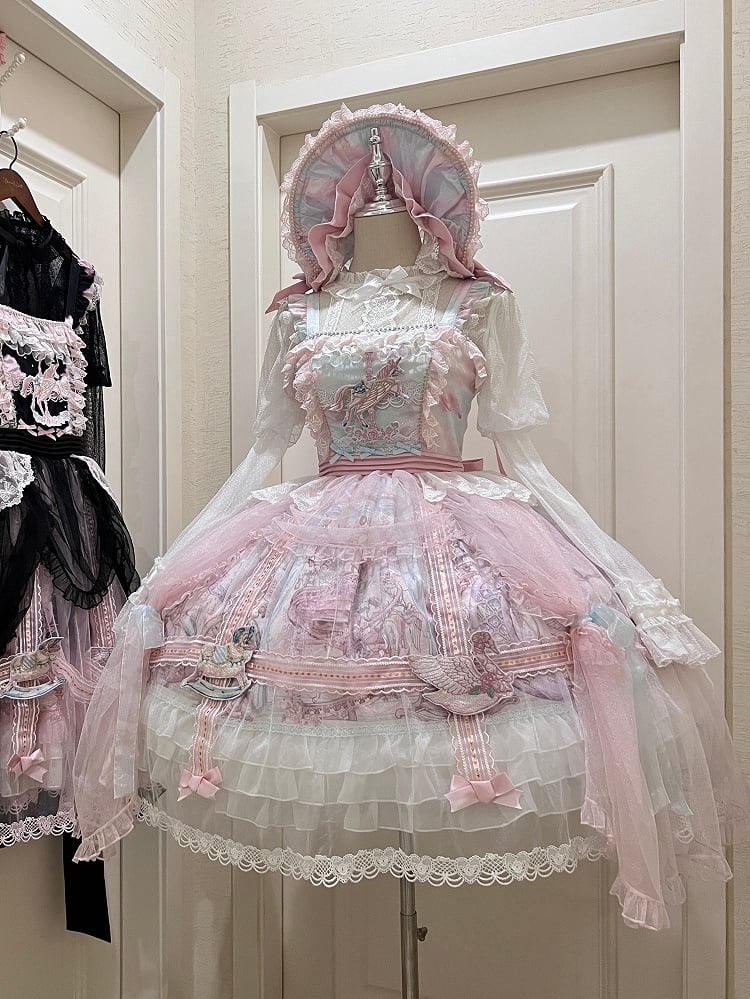 Pink and Blue Curtain Tulle Overlay Flying Horse Skirt Lolita Jumper Skirt