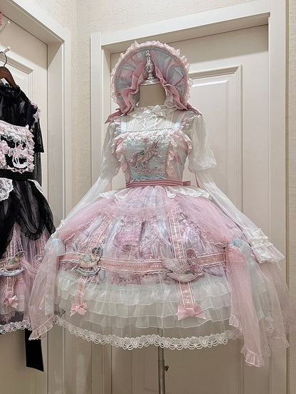 Pink and Blue Curtain Tulle Overlay Flying Horse Skirt Lolita Jumper Skirt