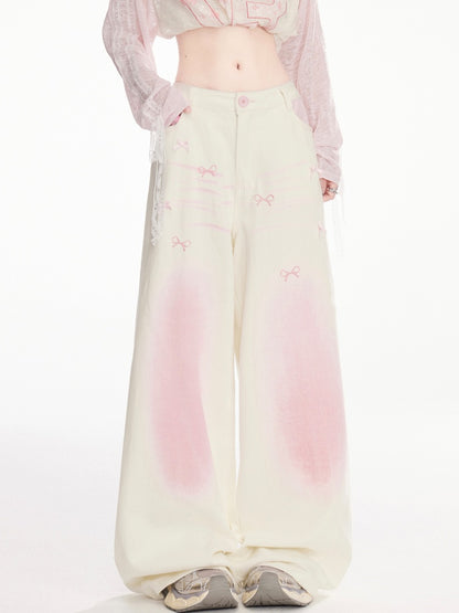 and Pink Ombre Low Apricot Bowknots Print Wide-Leg Pants Waist