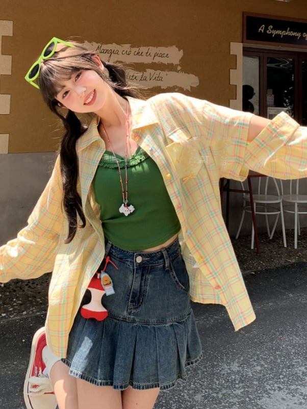 Plaid Shirt Set Green Faux Two-Pieces Cami Top with Yellow