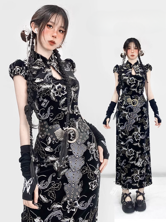 Robe Qipao en velours noir avec broderie florale et détails découpés, bouton et nœud