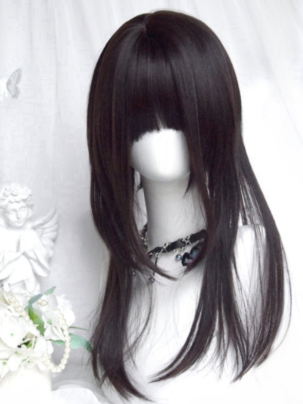 Black Long Straight Wig With Bangs＋Double Ponytail Claw Clips