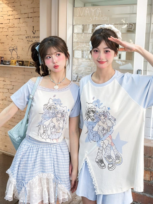Light Blue Design Anime Girl Print T-Shirt Colorblock Short/Long Version