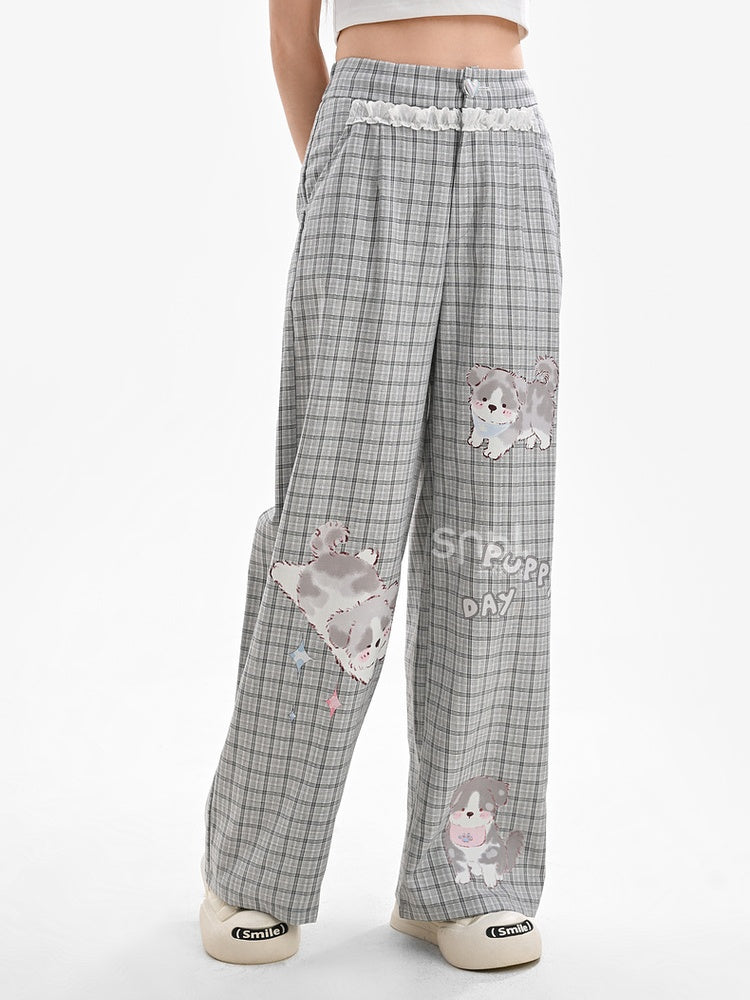 Regular/Short Lace Grey Plaid Puppy Print Heart Button Version Wide-Leg Pants Trim