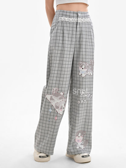 Regular/Short Lace Grey Plaid Puppy Print Heart Button Version Wide-Leg Pants Trim
