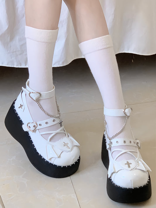 Y2K White Cross Details Top Platforms Leather Accents at PU with Heart Wings