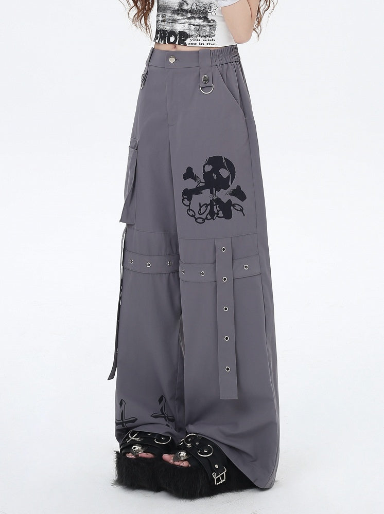 Cargo Skeleton Pockets and Cross Print Black/Grey/Pink Wide-Leg Pants