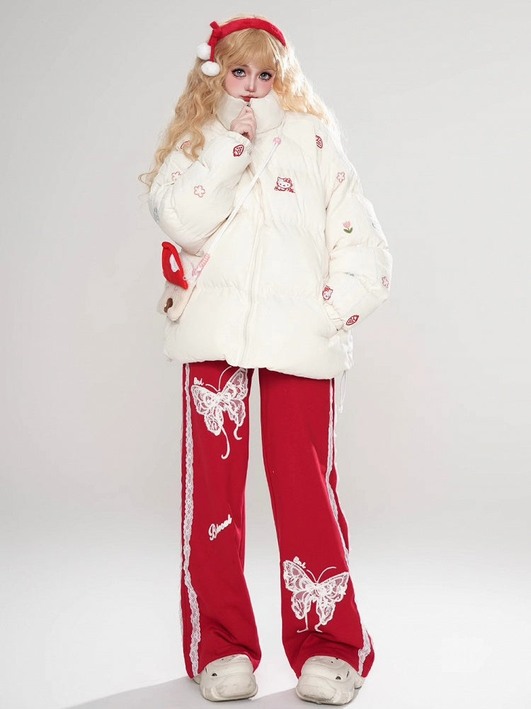 Black/Red Lace Butterflies Straight-leg Cut Pants Lace Trim