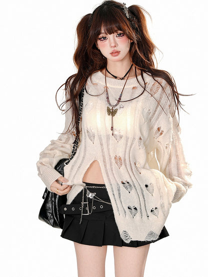 Apricot Heart Shaped Distressed Holes Sweater with Shredded Hem