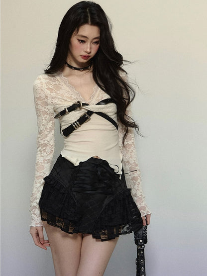 Apricot Buckle Straps V-neck Lace Knit Long Sleeves Top