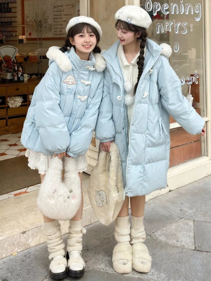 Blue Cute Lamb Applique Bowknot Details Hooded Down Coat Short Version