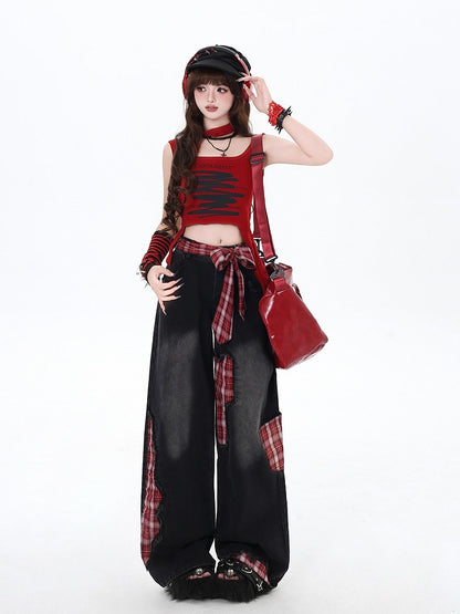 Black Street Wide-leg Bowknot Plaid Jeans High Cut Red