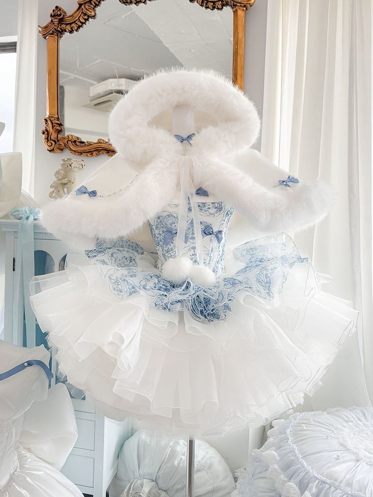 Blue and White Porcelain Strapless Corset Dress + Plush Trimming Hooded Cape