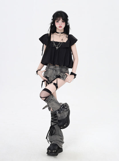 Butterfly with Leg Dusty Gray Lace-up Details Applique Warmers Hem Denim Shorts