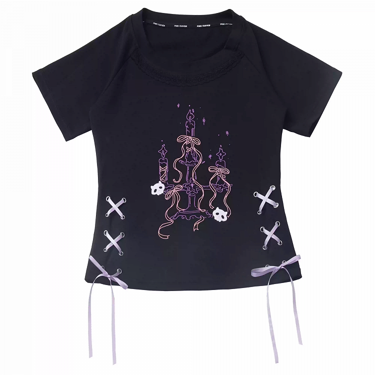 T-Shirt Black Round Neck Lace-up Waist Graphic