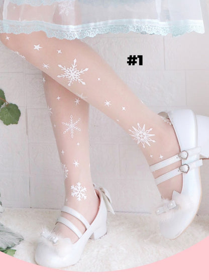 White/Black Snowflake Print Lolita Tights
