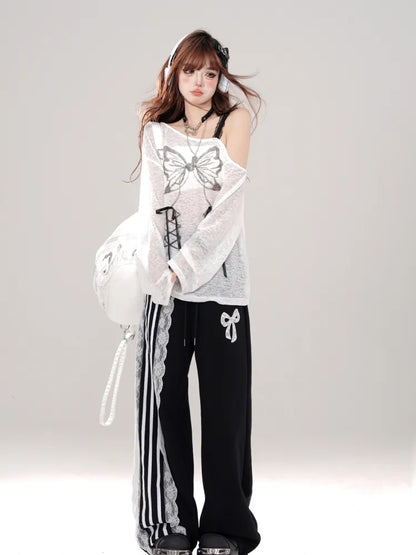 Cut Blokettecore Print Black/White Bowknot Pants Wide-leg