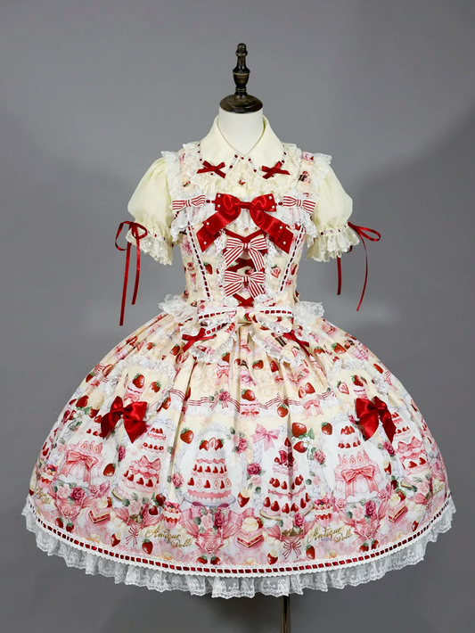 Bow Yellow and Desserts Accents Set Print Strawberry / Full Lolita Sweet JSK