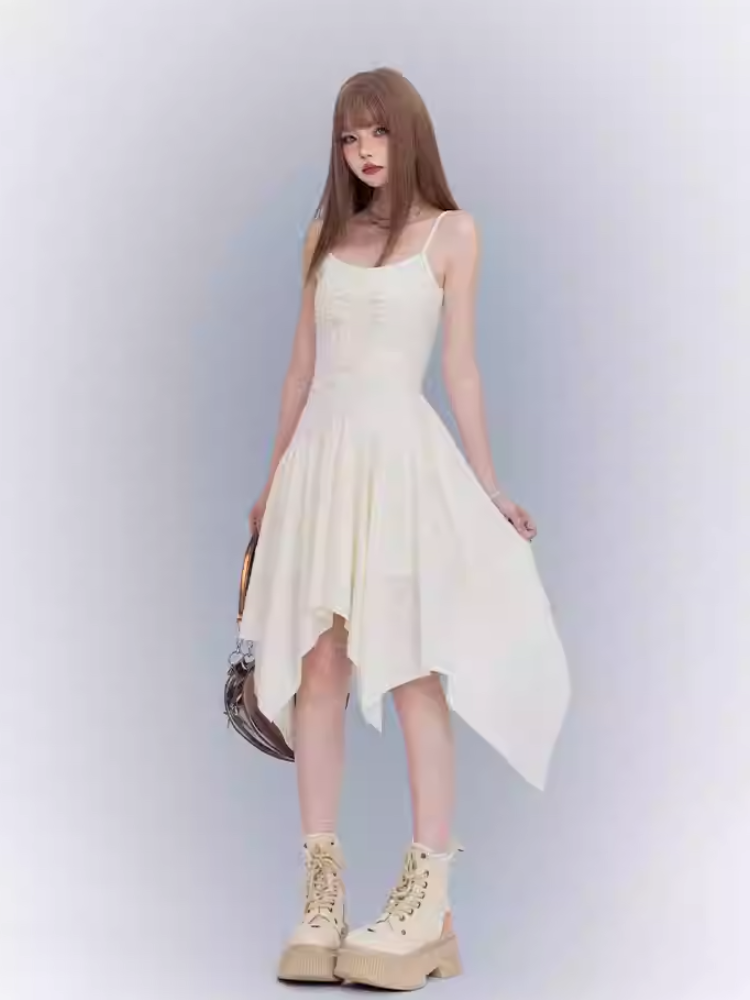 Apricot Asymmetrical Cami Dress Punk Waistline Cross Detail Handkerchief Hem Wasteland