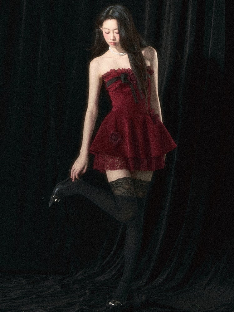 Roses Embellishments Christmas Wine Red Strapless Dress with Plush Shawl Set
