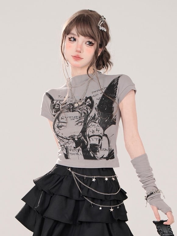 Character Print and Matching Fingerless Gray Mock Neck T-shirt with Manga Gloves