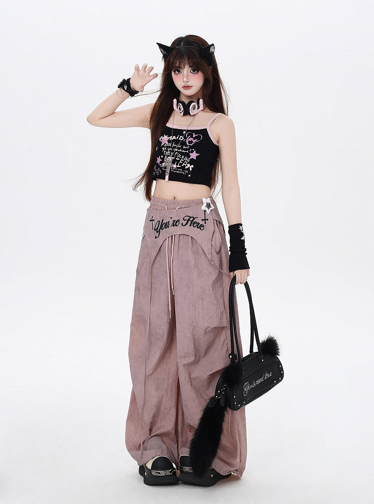 Accessory Punk Pants with Asymmetrical Dusty Pink Drawstring Waist Wasteland Waist