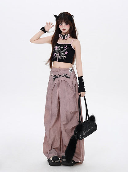Accessory Punk Pants with Asymmetrical Dusty Pink Drawstring Waist Wasteland Waist