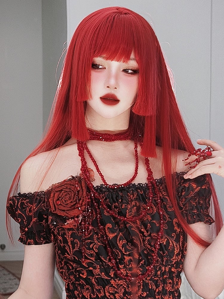 Red Hime Cut Long Straight Synthetic Wig