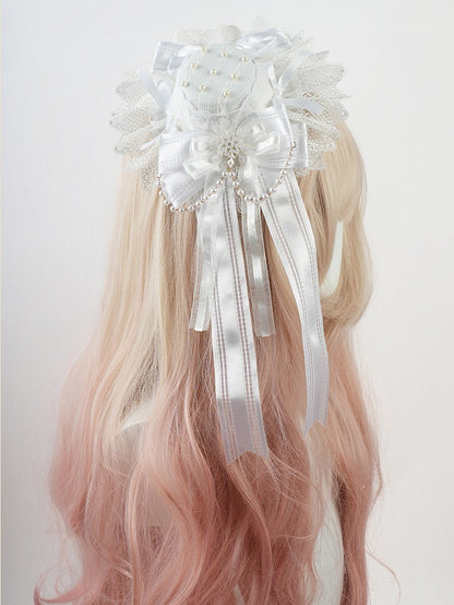 Shiro Lolita White Big Bow Lace Trim Snowflake Mini Hat with Beaded Chain