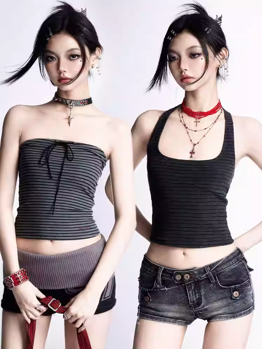 Strapless/Sleeveless Top and Gray Stripes Glamorous Cropped Black