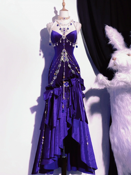 Robe de soirée sirène fendue en velours violet à volants en cascade et dos nu
