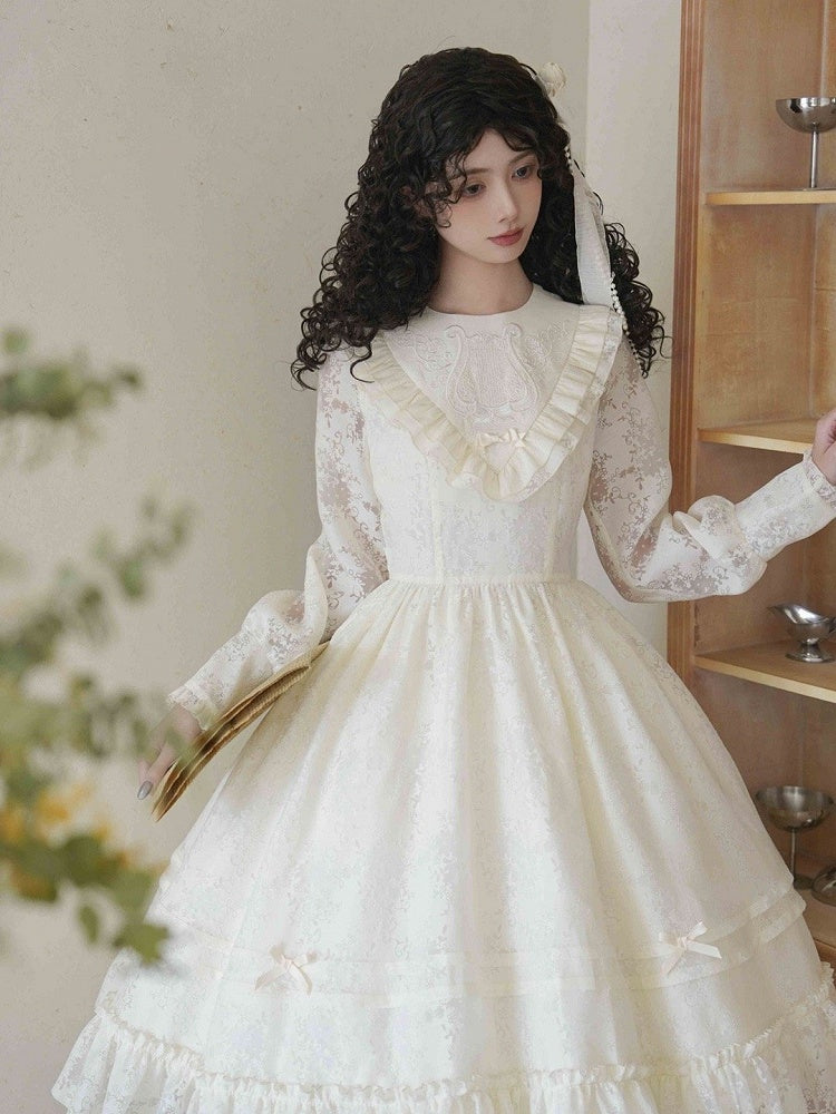 Beige Elegant Sleeves Classic Spring Lolita Dress Embroidery Semi-sheer Harp Long