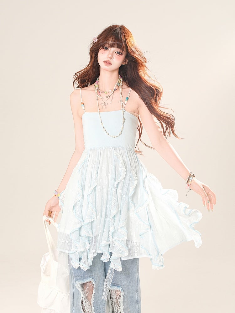 Cascading Ruffle Accents Lace Cami Top Blue/Apricot