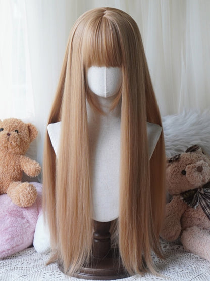 Perruque droite longueur taille caramel/blonde/orange/noire avec frange complète