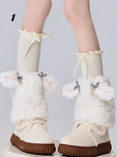 Plush Lamb Cat Leg Warmers With Beige Stockings