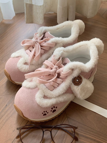 mit Ohren Lolita Print Akzente Pink Sweet Tail Plüsch Sneakers Stickerei Hund - Pfote