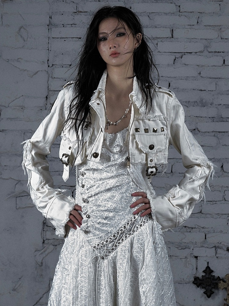 Studs Buckle Decorated And Wasteland Cropped White Punk Jacket