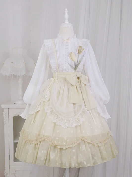 White and Yellow Tulip Embroidery Applique Bodice One Piece