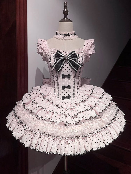 Ärmeln Stäbchen Abnehmbare Süße Taille Kleid mit Retro Polka Dots Lolita Rosa Puff