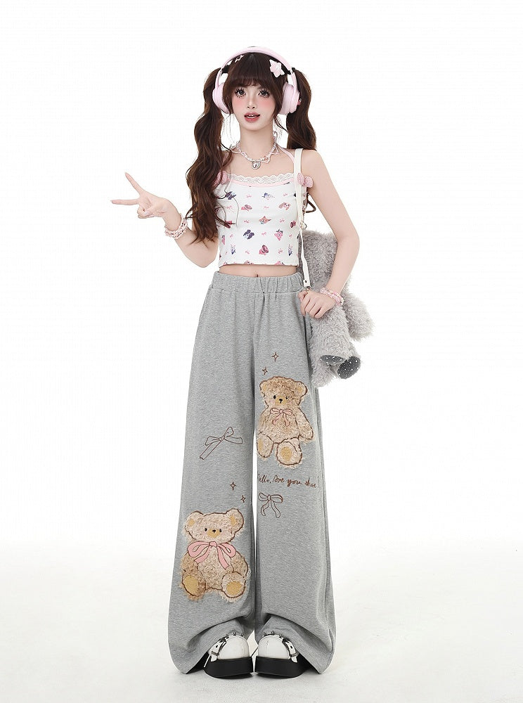 Coffee/Gray Plush Teddy Bear Applique Straight-Leg Pants
