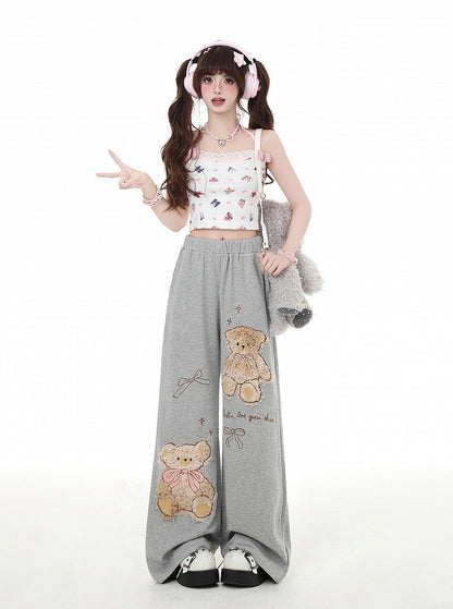 Coffee/Gray Plush Teddy Bear Applique Straight-Leg Pants