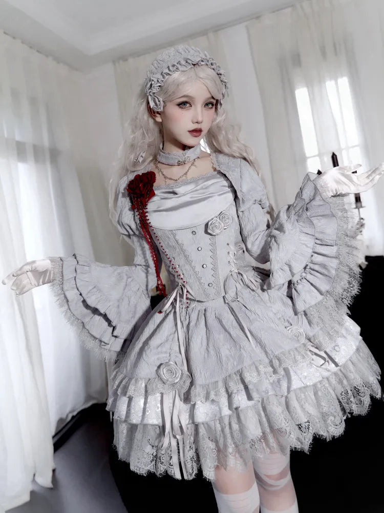 Bell Long Ruffle Layered Sleeves Gray Bolero Silver Cuffs