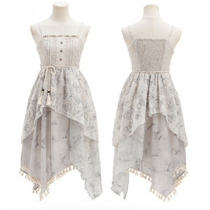 Kei Cheongsam Hem Asymmetrical Tassel Mori Slip Dress Jacquard Style Gray