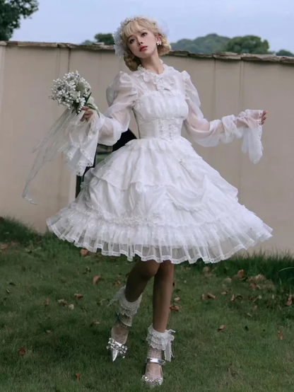 White Basque Waist Shiro Dress Drawstring Skirt Hanayome Lolita Long Sleeves One Piece