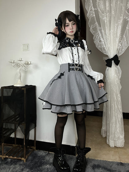 Black & White Houndstooth Double Heart Buckle Bowknot Jirai Kei Tiered Skirt