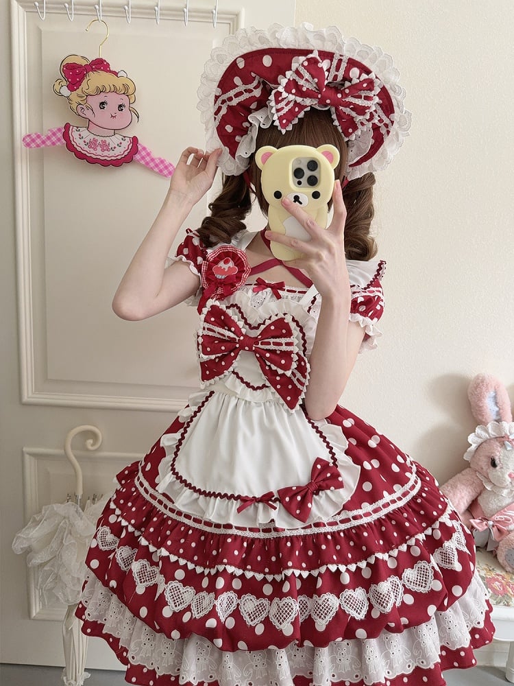 Red Dress Neckline Lolita White Short Polka Apron Sleeves Square Dots with