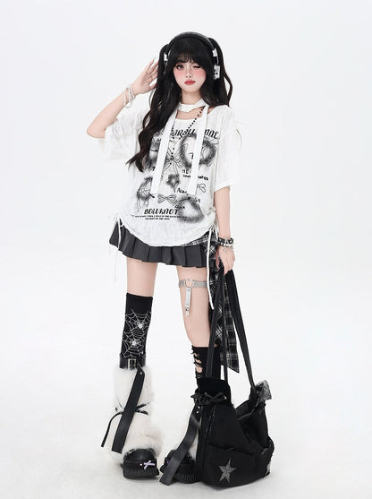 Black/White Drawstring Side Bowknots Print T-Shirt with Free Scarf