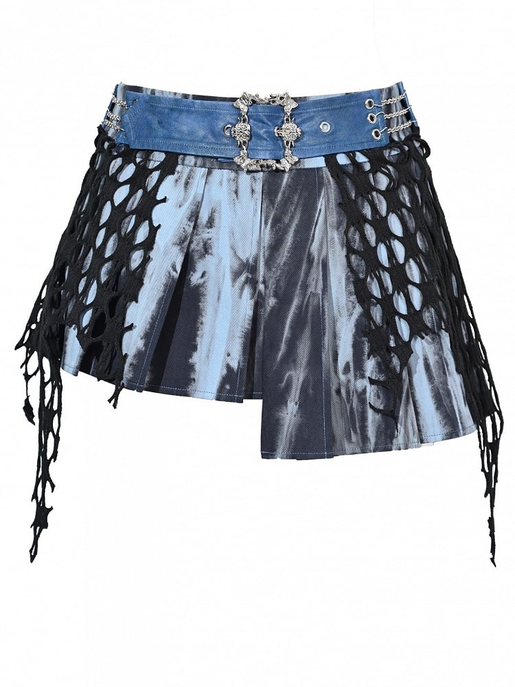 Grunge Punk Rock Fairy Blue Asymmetrical Hem Tie Dye Pleated Skirt with Free Chain Belt